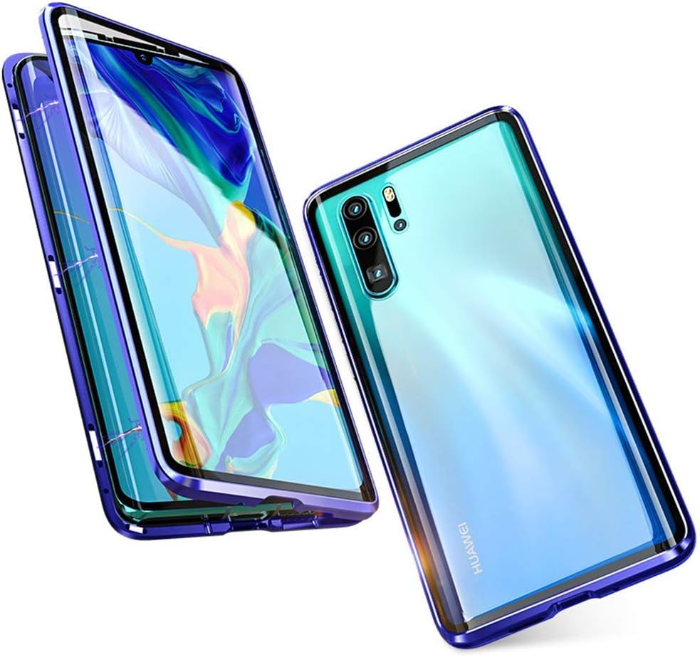 TENGMAO Compatible with magnetic case for Huawei P30 pro, magnetic adsorption Ultra-thin metal frame 360 Front and back cover in tempered glass blue