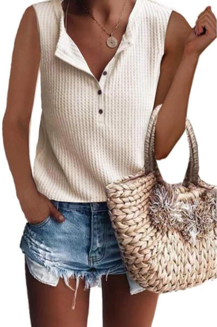 Famulily Women's Flowy Waffle Knit Tank Tops Loose Button Up V Neck Henley Shirts