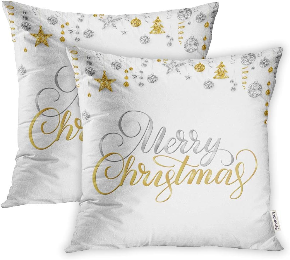 Amazon Com Emvency 18x18 Inch Decorative Set Of 2 Throw Pillow Cover Merry Christmas Lettering On White Holiday Sparkling Gold And Silver Border Hanging Square Home Cushion Sofa Two Sides Pillow Case Home