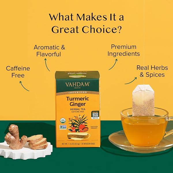 VAHDAM, ORGANIC TURMERIC GINGER HERBAL TEA BAGS (18 COUNT) CAFFEINE FREE, GLUTEN FREE | 100% PURE HERBAL BLEND – EARTHY & SAVORY | ECO-FRIENDLY INDIVIDUALLY WRAPPED TEA BAGS | DIRECT FROM SOURCE