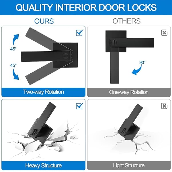 HASMIKIT 10 PACK MATTE BLACK DOOR HANDLES PRIVACY DOOR LEVERS, HEAVY DUTY BED AND BATH DOOR LOCKS INTERIOR DOOR KNOBS, REVERSIBLE KEYLESS FLAT LEVERS WITH SQUARE ROSETTE