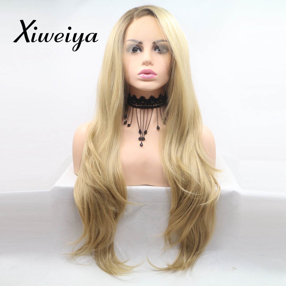 Xiweiya Long Blonde Wavy Wig Synthetic Lace Front Wigs Wavy Side Part Wavy Wig Ombre Dark Root Replacement Wig for Women, Drag Queen Makeup 24 Inch (mixed blonde)