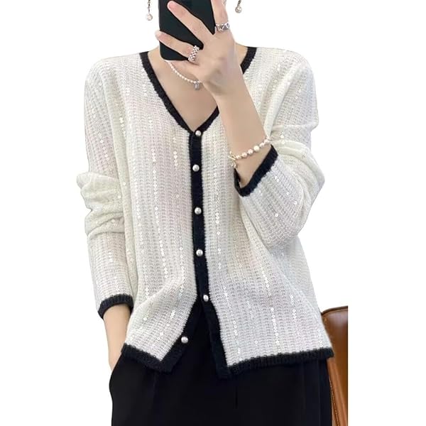 Spring and Autumn Solid Wool Cardigan Women's V-Neck Sequin All