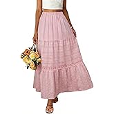 BLENCOT Long Skirts for Women Boho Crochet Lace High Waisted A-Line Cotton Tiered Maxi Skirt