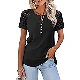 Minetom Women's Lace Short Sleeve Tops Henley Shirts Business Casual Blouses Summer Tops