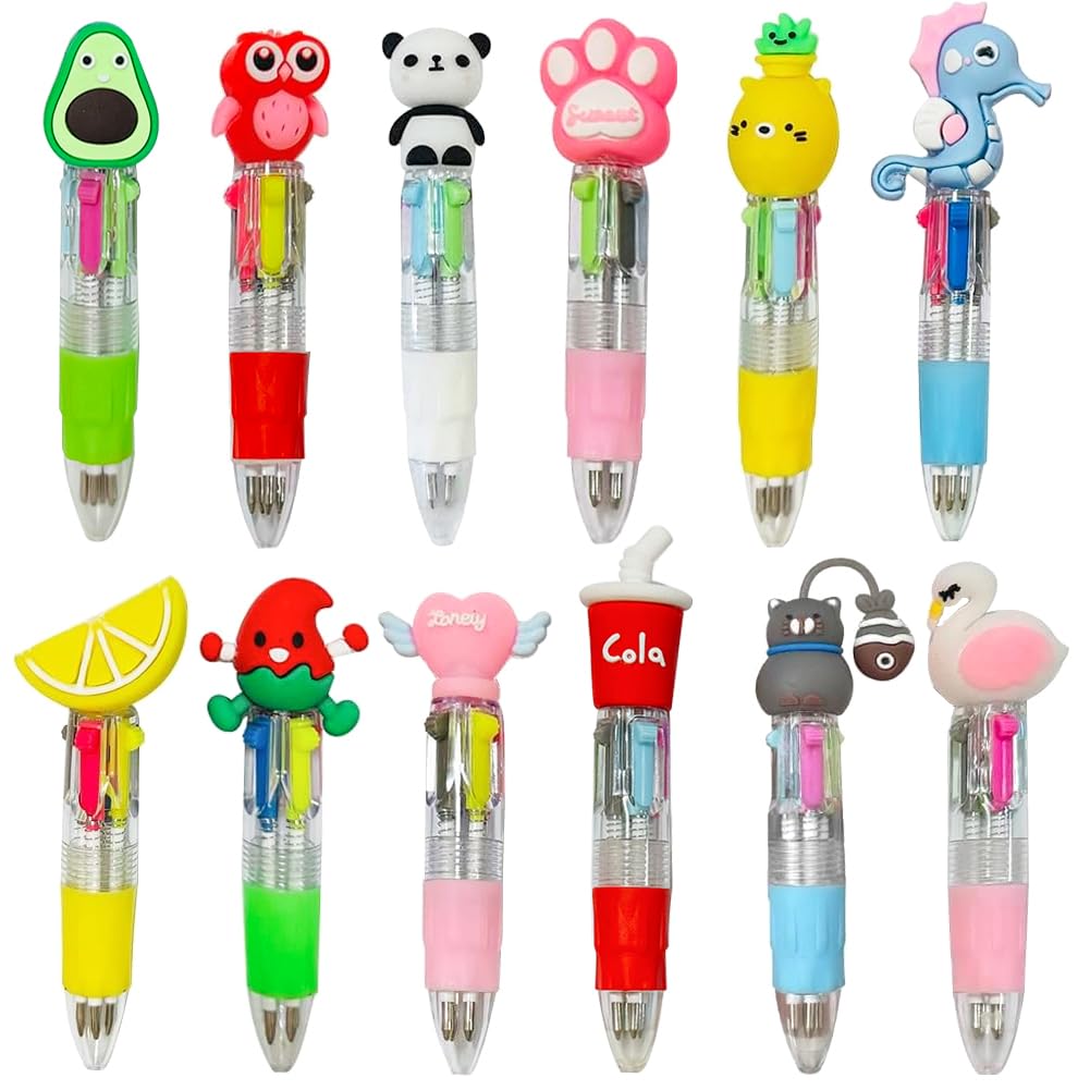 XYUXWLG Multicoloured Pens, 12 PCS Pens for Kids 4-Color Fun Cartoon Mini Retractable Ballpoint Pens, Party Bag Fillers for Kids Class School Supplies