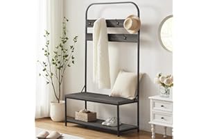 IBF Coat Rack with Shoe Bench, 3-In-1 Hall Tree with Storage Bench for Entryway, Industrial Metal and Wood Coat Tree with Shelf and Hanging Hook, Dark Gray Oak, 40.0" W x 16.5" D x 70.0" H