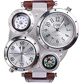 NICERIO Mens Big Face Watches - Cool Wrist Watch Genuine Leather Strap Dual Time Zone Sport Watch Analog Quartz Display with Thermometer Compass