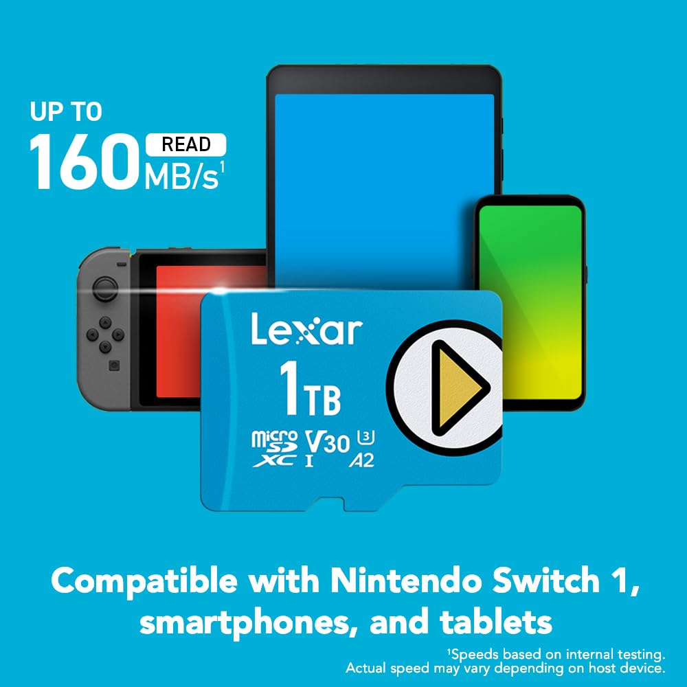 Lexar 1TB Play Blue Micro SD Card, UHS-I, C10, U3, V30, A2, 4K, Up to 160MB/s microSDXC Memory Card, Expanded Storage for Nintendo-Switch 1, Gaming Devices, Smartphones, Tablets (LMSPLBL001T-BNNNU)