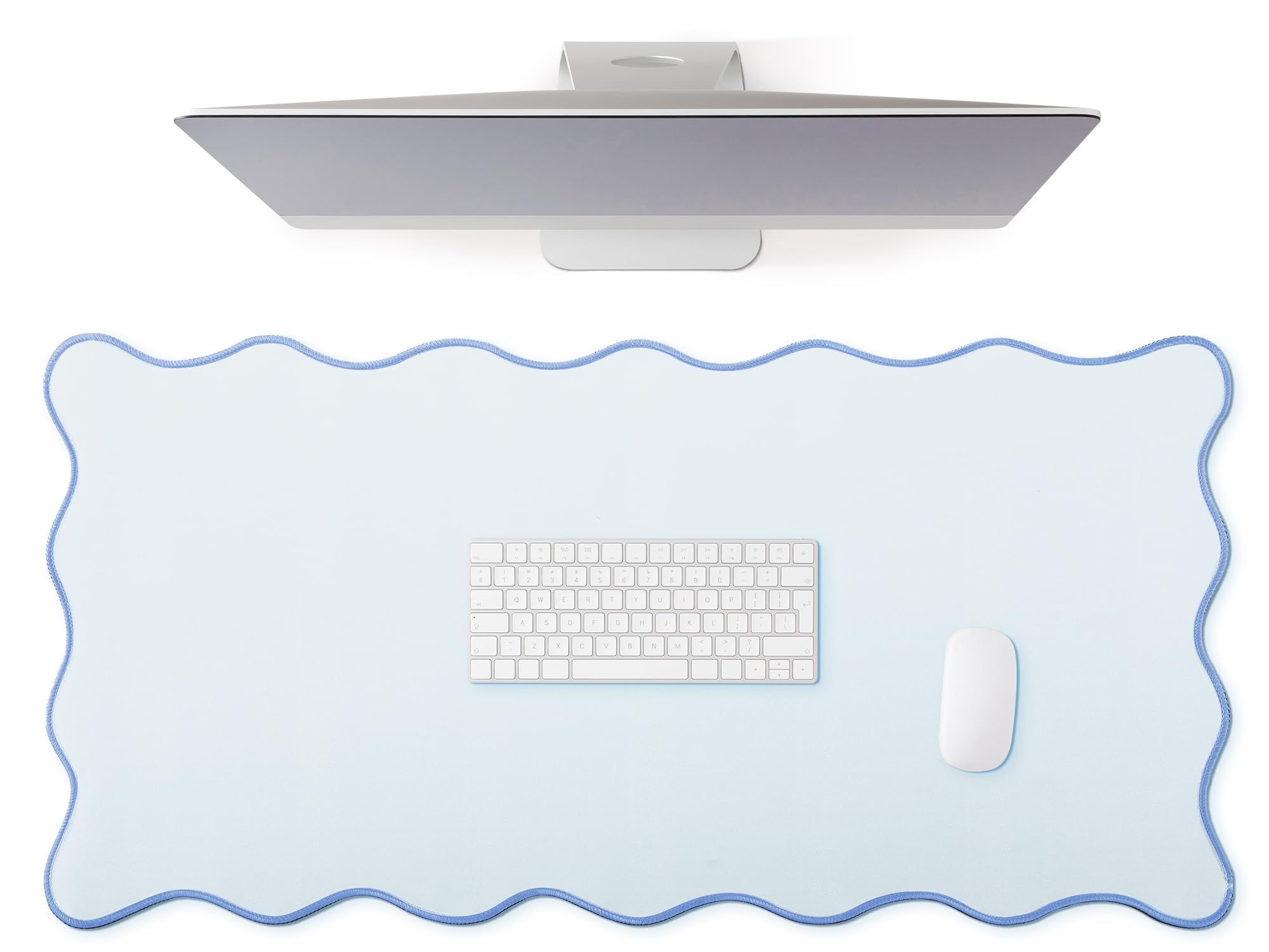 Photo 1 of Hahafelt Scalloped Desk Mat Large Scalloped Piping Cute Desk Mat Aesthetic Preppy Table Pad Large Nonslip Pad with Edge Stitching Waterproof Gaming(Blue,36 x 17 Inches)