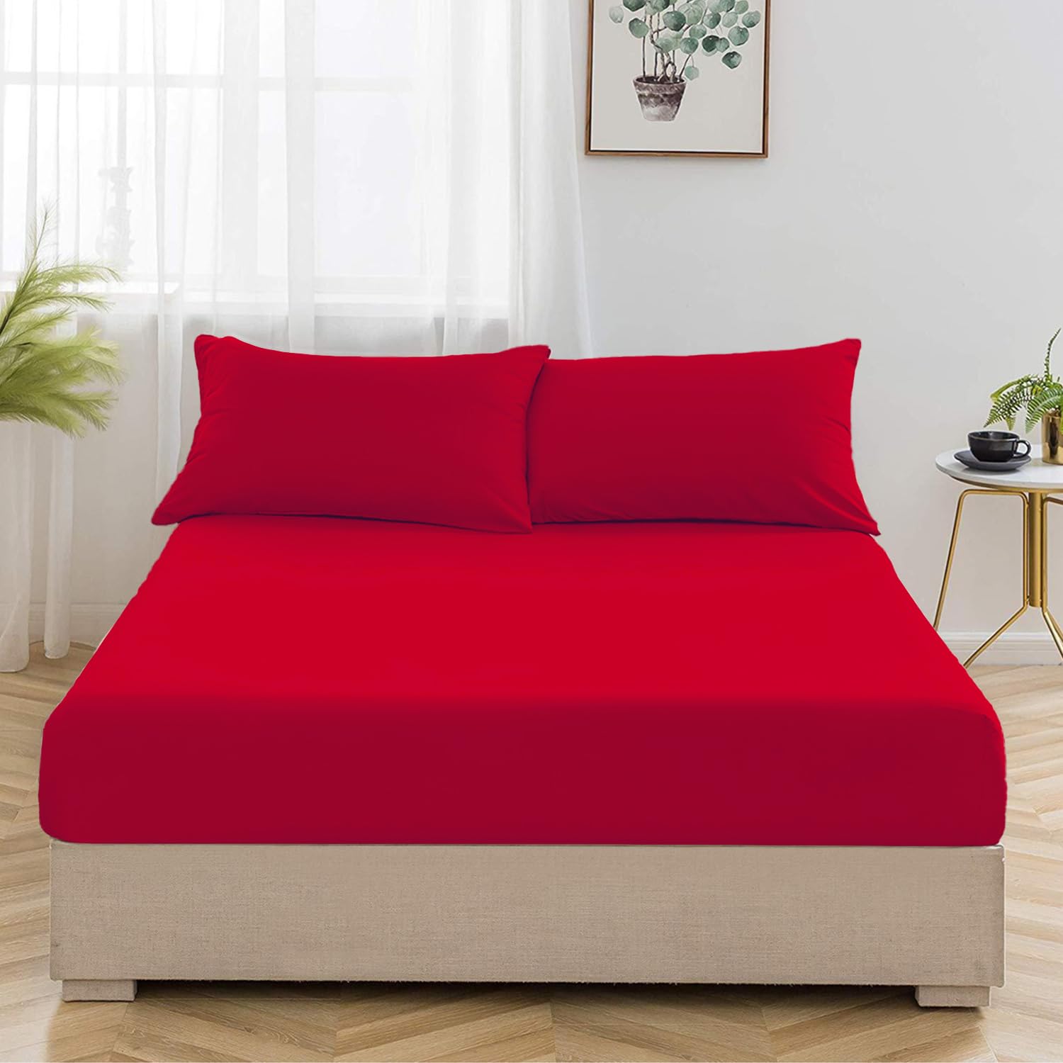 Oxford Homeware Red Single Fitted Sheets -100% Brushed Microfibre 1800 Easy Care 25 cm Deep Single Bed Sheet - Shrinkage and Fade Resistance