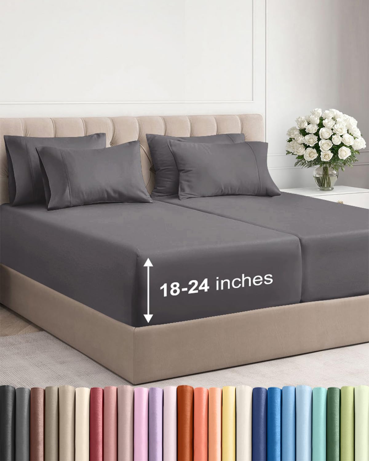 Photo 1 of Extra Deep Split King Sheet Set - 7 Piece Breathable and Cooling Sheets - Hotel Luxury Bedding for Women, Men, Kids & Teens - Easy Secure Fit - Soft and Wrinkle Free - Extra Deep Pockets - Dark Grey