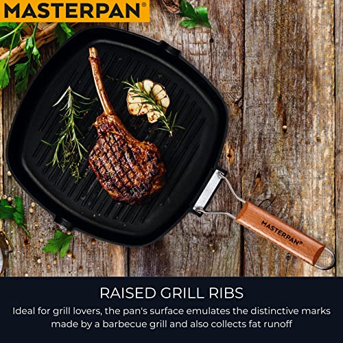 MasterPan NonStick Grill Pan with Folding Wooden Handle, 8", Black and