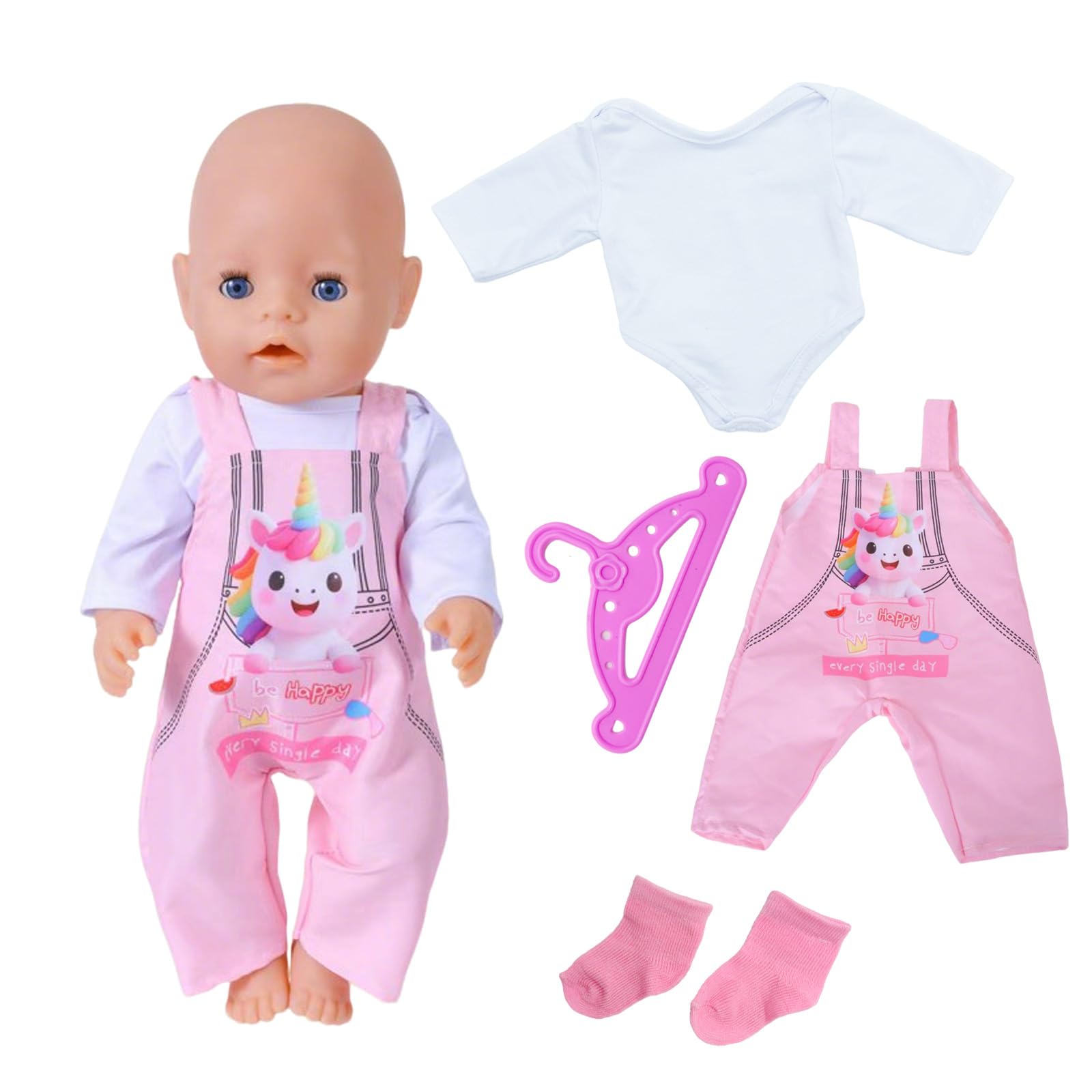 Baby Doll Clothes for 14-18 Inch Doll, Sweet Outfits Jumpsuit Top, Pink Horse Pony Overalls with Hanger Socks Compatible with NewBorn Baby 35-45 cm Dolls Girls Birthday (No Doll)