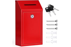 Red Metal Donation Box Collection Safe Suggestion Box with Lock Wall Mounted Mailbox Delivery Ballot Case Key Drop Case for H