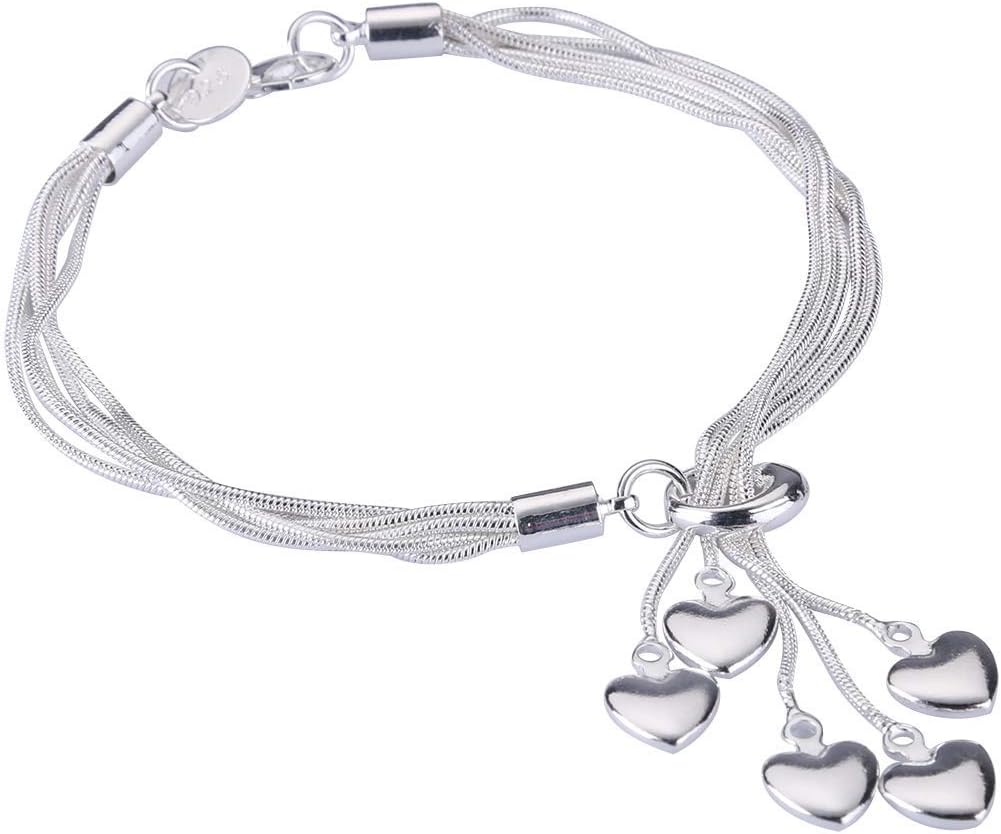 Women Girl Silver Link Bracelet๏ผFive-line Chain with Five-Heart Love Bracelet(7.5",7.9", 8.3" )
