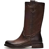 RJYLP Mid Calf Boots for Women Chunky Block Heel Pull On Boots Round Toe Low Heel Trendy Stylish Riding Boots