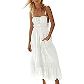 Wenrine Womens Summer Beach Dresses Backless Spaghetti Straps Self Tie Tiered Flowy Casual Maxi Dress with Pockets