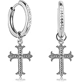 slewtbbm Stainless Steel Gothic Punk Dangle Cross 5A+ Cubic Zirconia Hypoallergenic Cross Hoop Cuff Huggie Drop Earrings For Men Women