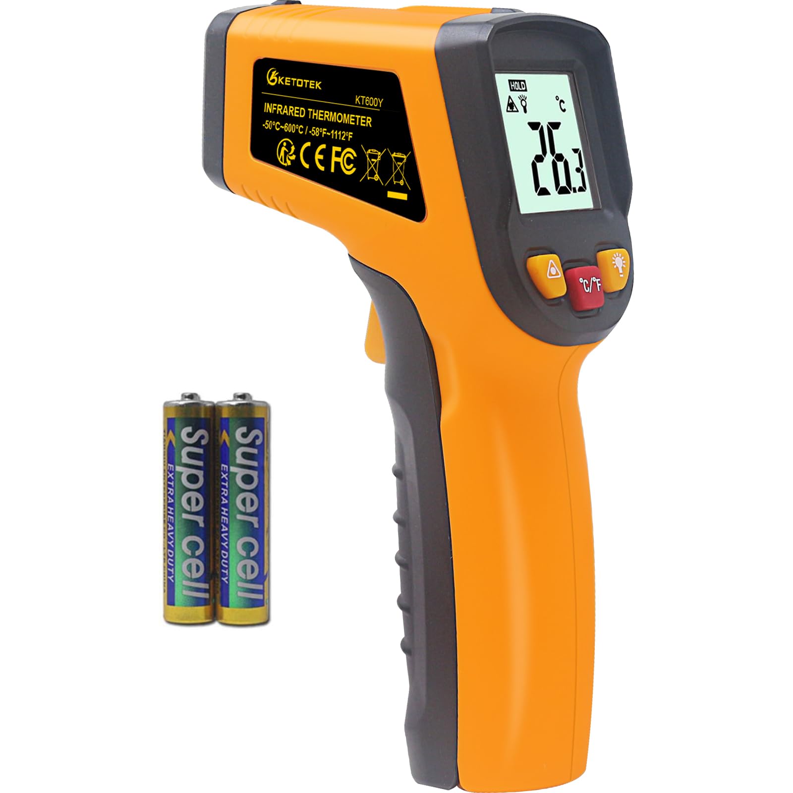 KETOTEK Laser Thermometer Gun Infrared Thermometer Digital Non Contact Food Thermometers -50℃ to 600℃ (-58-1112℉) IR Thermometer Professional Grade Temperature Tester Recorder (not for human)