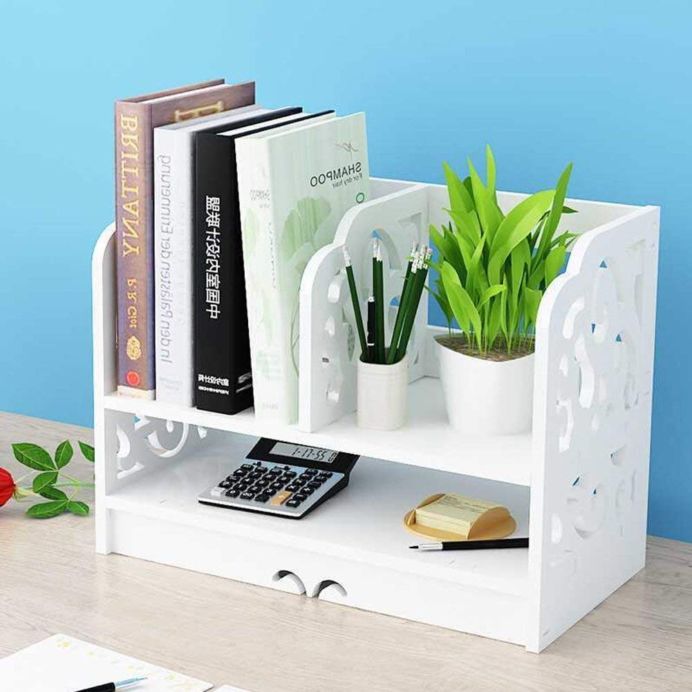 Desktop Bookshelf, Small Desktop Bookcase 2 Tier DIY Wood Baroque Carve Desk Shelf Storage Holder Rack for Office, Home, Kitchen, White