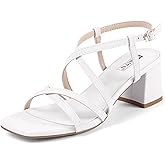 IDIFU IN2 Strappy Chunky Block Square Toe Heels Wedding Prom Bride Bridal Dance Party Dress Shoes for Women Trendy Comfortable Dressy Cute Casual Summer Sandals Slingback Low Short Heels