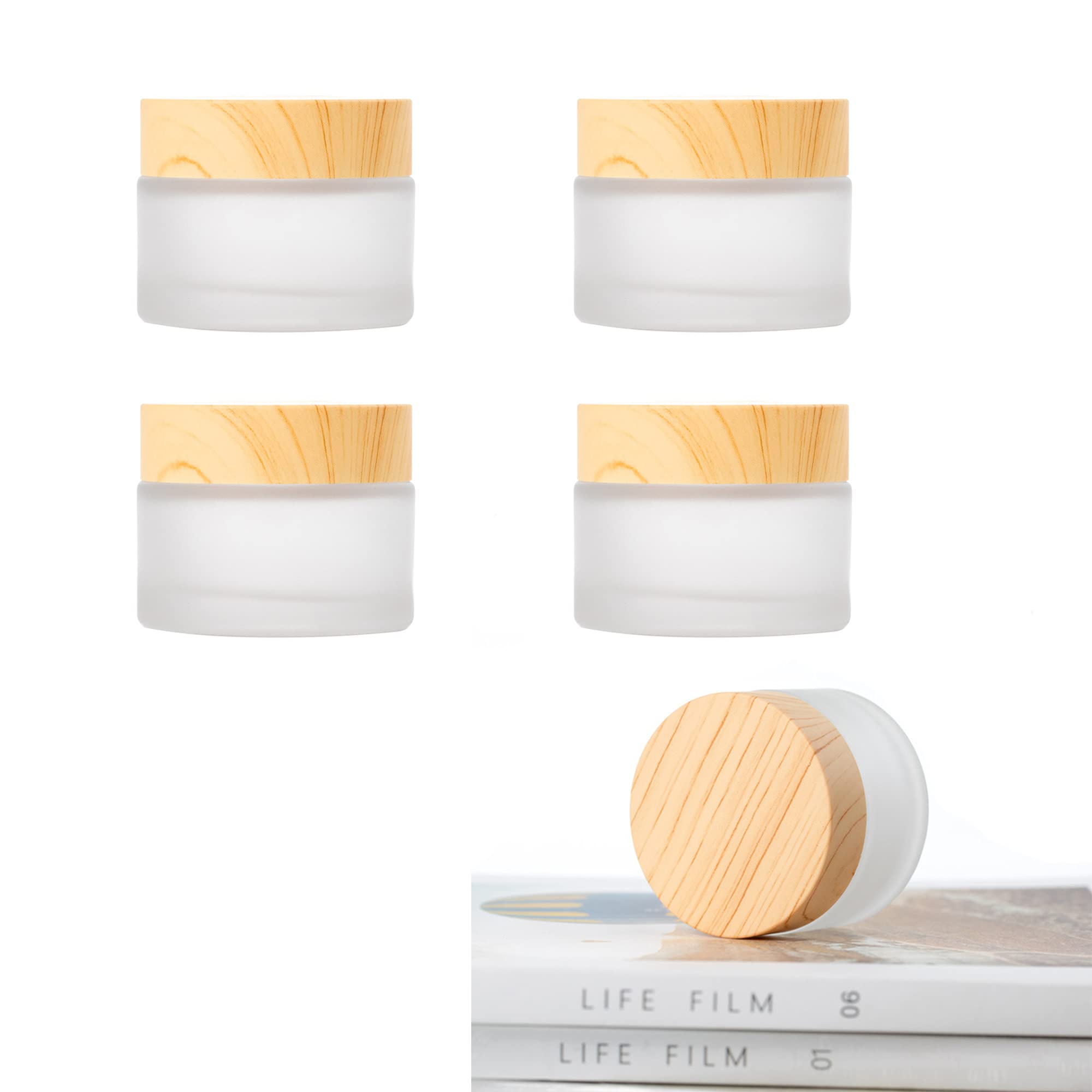 Schneespitze 5 Pcs Refillable Frosted Glass Cream Bottle Cosmetic Jars,Empty Refillable Cosmetic Cream Jar,Face Cream Mask Make Up Jars Lip Balm Storage Container Pot Bottle(Plastic Cap)