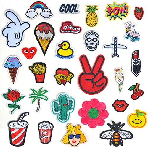 Iron On Patches 30 Pcs - Embroidered Motif Applique Glitter Sequin Decoration Sew On Patches For Jeans Jacket, DIY Clothing, Handbag, Canvas Shoes，Caps
