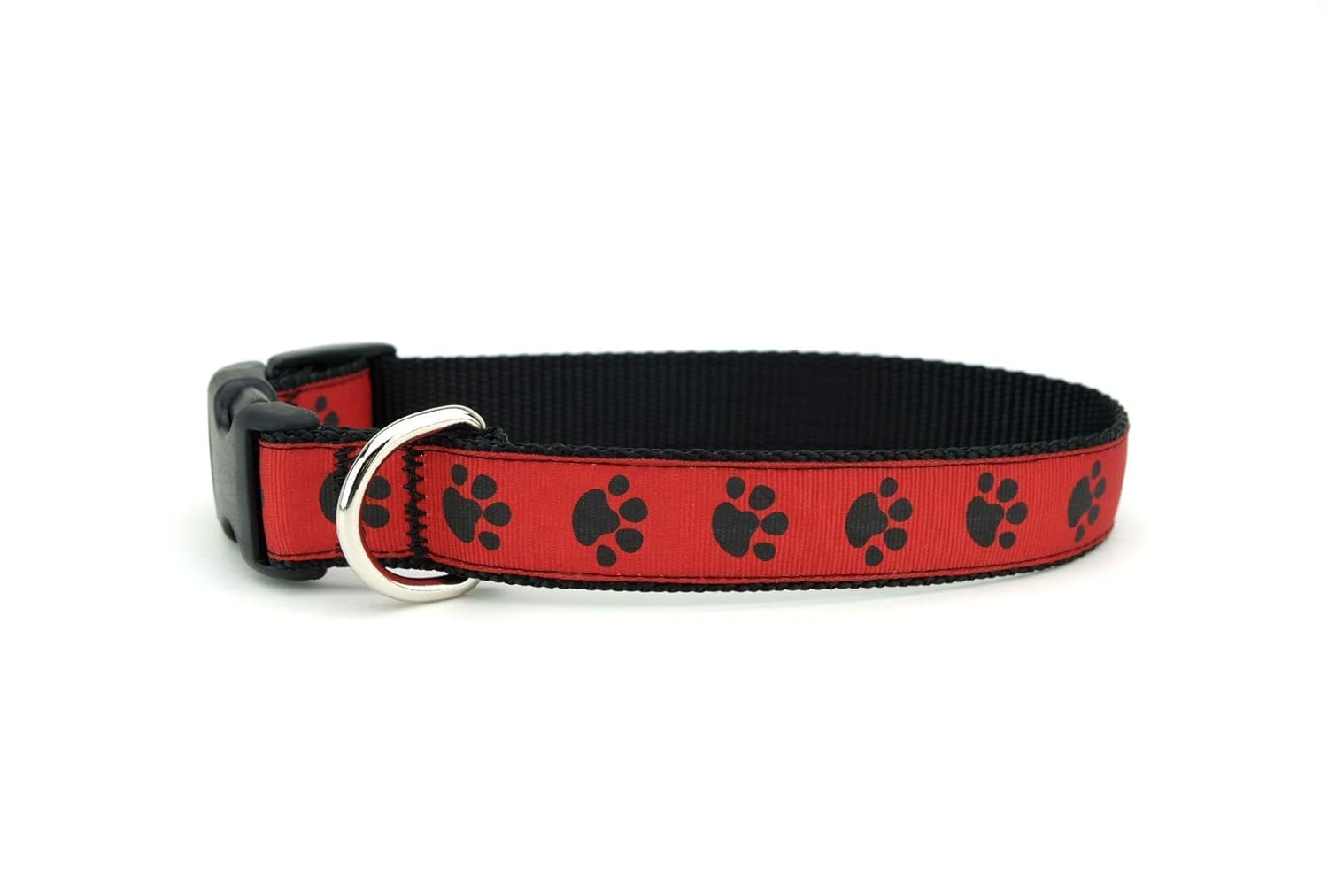 Dog Collar Black and Red Paws on Black Paw Print Dog