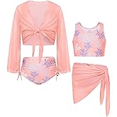 GRACE KARIN Girls Bathing Suit Adjustable Taniki Swimsuit Tie Front 4 Piece Bikini Set with Kimono Cover Up 6-14