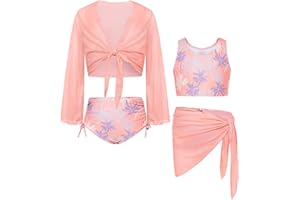 GRACE KARIN Girls Bathing Suit Adjustable Taniki Swimsuit Tie Front 4 Piece Bikini Set with Kimono Cover Up 6-14