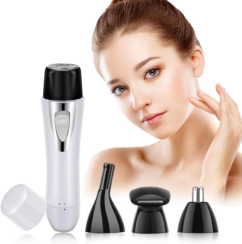 Facial Hair Removal for Women- 4 in 1 Painless Electric Hair Shaver Kit Include Face Hair Remover, Eyebrow Trimmer, Body Shaver, Nose Hair Trimmer, Waterproof Razor with USB Charging (White)