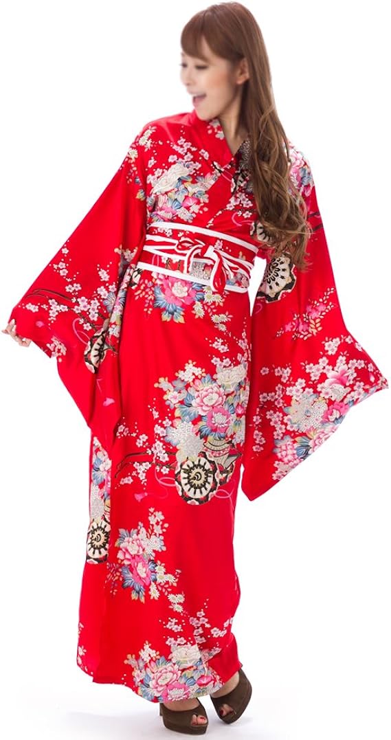 Amazon 花魁系 ガウンタイプ 着物ロングドレス おいらん 帯付 浴衣 サテン地 ポリエステル 女性用 肩出しok 花 堤太鼓 Ac52 Julius 服 ファッション小物 通販