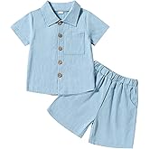 Neutocd Toddler Baby Boy Summer Clothes Cotton Linen Short Sleeve Solid Button Down Shirt Shorts Set Outfits with Pockets