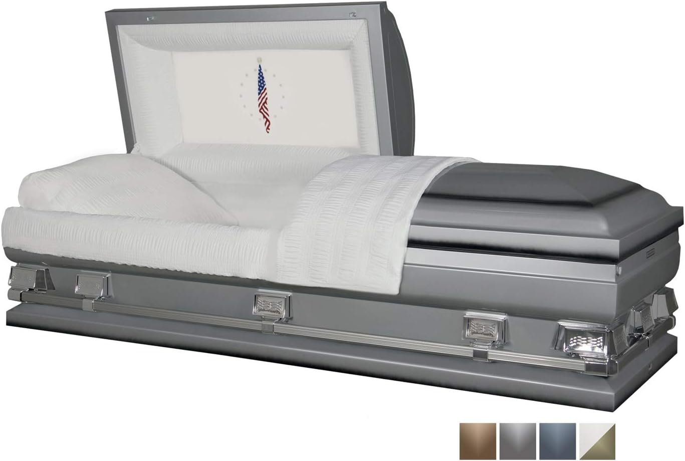 Titan Casket Atlas XL Oversize Silver Steel Casket with 'Flag at Rest' White Crepe