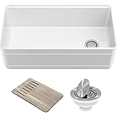 KRAUS Turino Workstation 33-inch Farmhouse Reversible Apron Front Fireclay Single Bowl Kitchen Sink with Accessories in Gloss