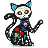 ElasignShopo Dia De Los Muertos Decorations Day of The Dead Black Cat and Dog Figurines Table Wooden Figurine Sign Decor for Halloween Home Office Desk Mantle Party Supplies(Cat)