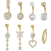 Spiritlele 8Pcs Belly Button Rings for Women 14G Gold Silver CZ Belly Rings Stainless Steel Dangle Clicker Navel Ring Piercing Jewelry with Heart Butterfly