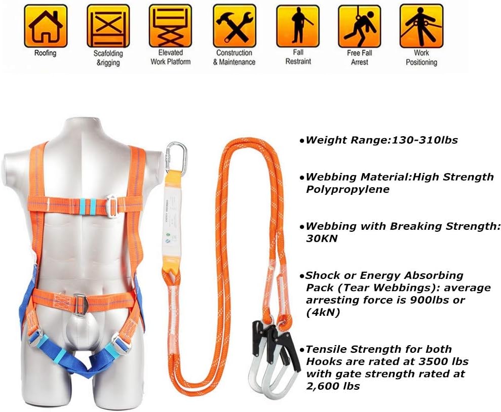 Full Body Safety Harness Tool Fall Protection with 5D-Rings and Waist Belt, Universal Personal Protective Equipment (A) - - 