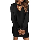 TIAFORD Women's V Neck Long Sleeve A-Line Dress Casual Choker V Neck Mesh Patchwork Long Sleeve Cocktail Short Dress