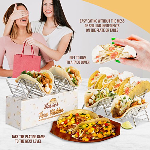 Stainless Steel Taco Holder Set: Holds Tortilla Up for Easy & No Mess Party Taco Plates - Taco Stand Shell Holder to Serve Street Tacos Rack & Heat Tortillas - Metal Taco Shell Mold & Serving Trays - Thumbnail 4