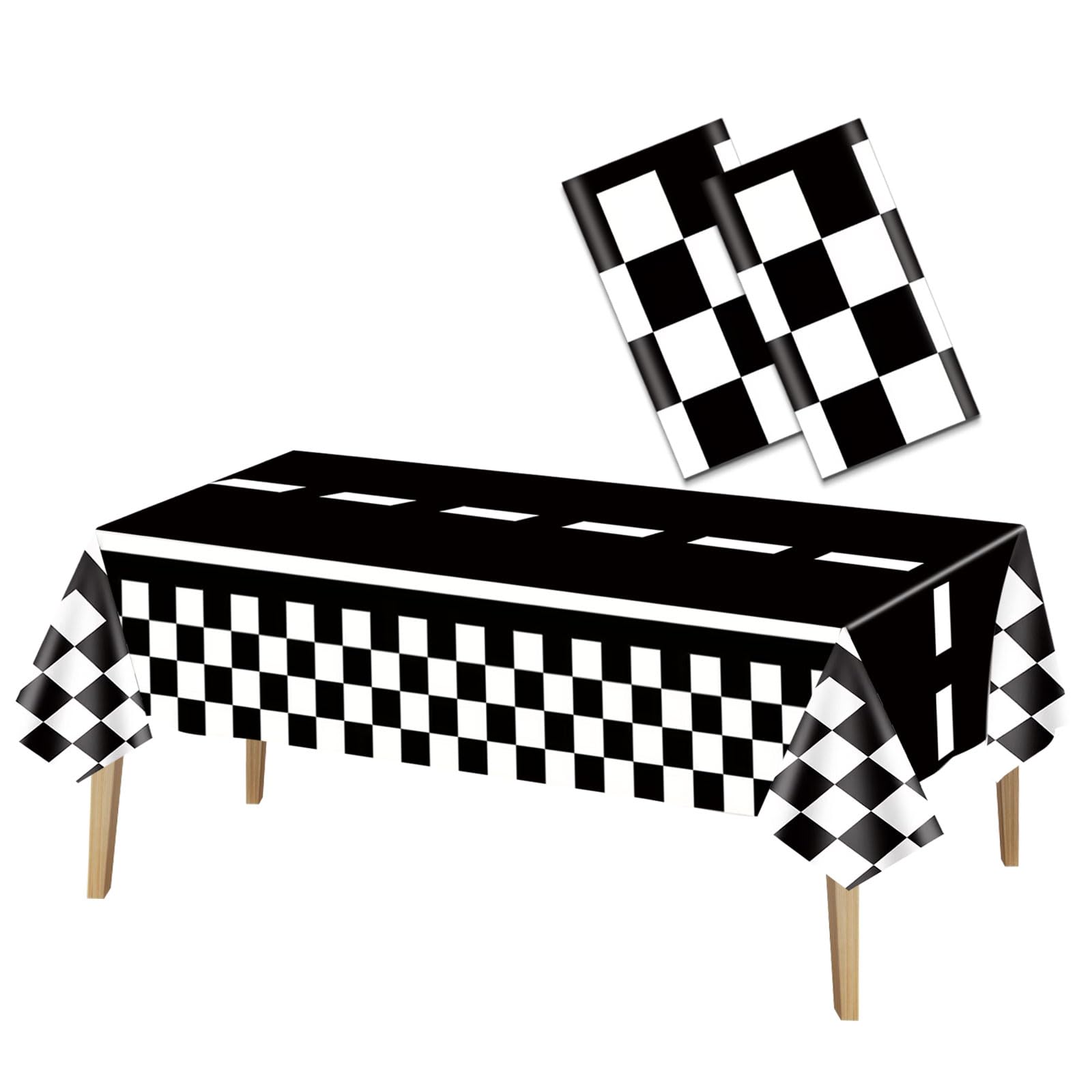 Photo 1 of 2 Pack Race Car Tablecloth 54 x 108 Inches Black and White Checkered Plastic Party Table Cover Rectangular Race Car Checkerboard Disposable Tablecloths Racing Two Fast Party Decorations Supplies