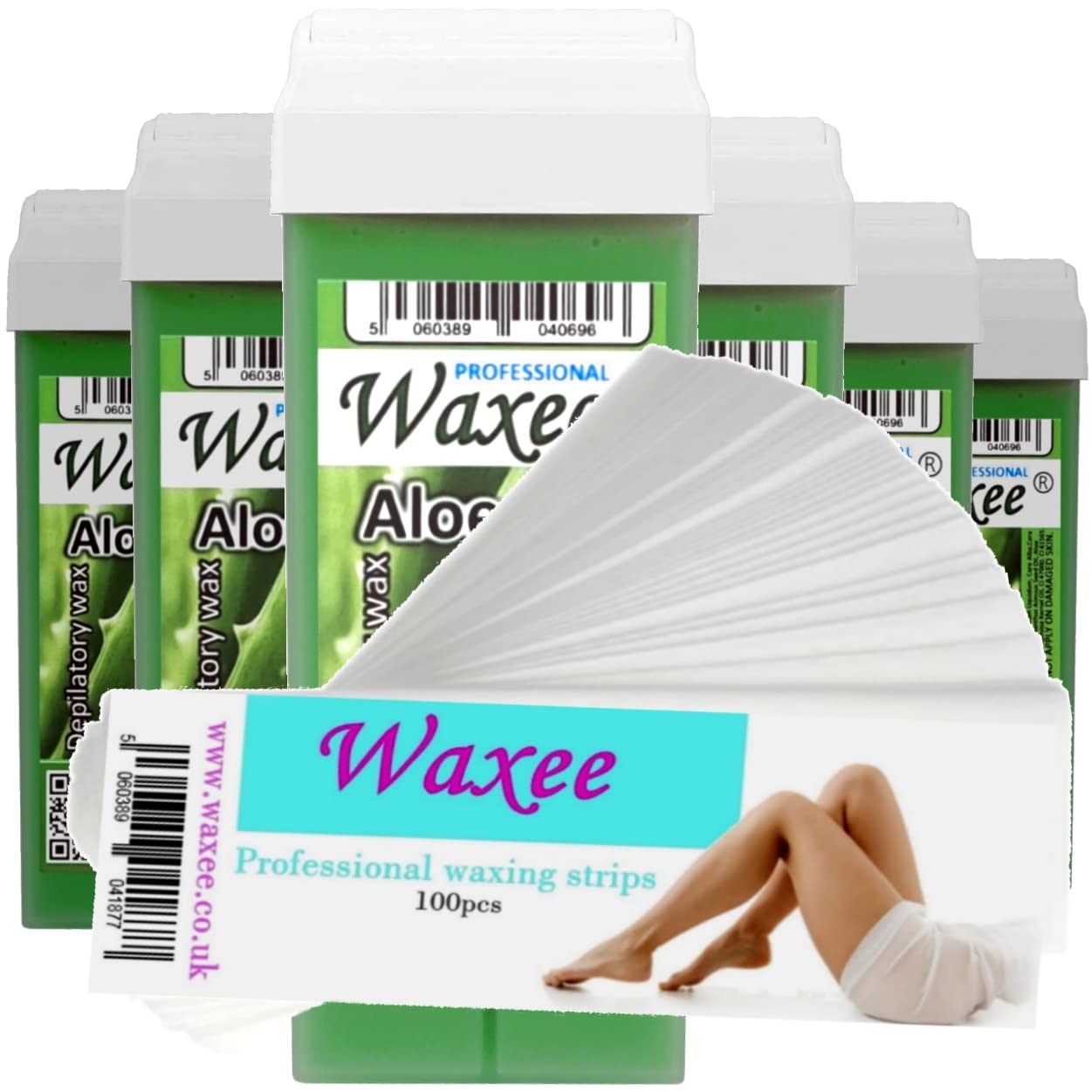 6x 100ml roll on wax, roller wax cartridge Aloe + 100 strips Body & Leg waxing, from UK Brand- Waxee