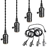 Vintage Plug-in Pendant Light Kit with 1-to-4 Hanging E26/E27 Sockets, Industrial Hanging Light with Individual Rotary Switches, Easy DIY Lighting for Living Room, Patio and Plant Corners, Black