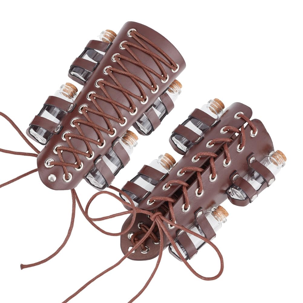 DELORIGIN 2pcs Leather Alchemy Arm Bracers with 8 Cork Vials Brown Magician Potion Bottle Arm Guard Medieval Vintage Knight Arm Guards Magic Archer Gauntlets Cosplay Stage Costume Props for Halloween