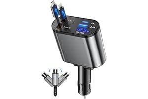 BERTHALESS Retractable Car Charger, 4 in 1 Fast Charging Car Charger USB-C & USB-A Compatible with iPhone 16/15/14/13/12/11,Galaxy,Pixel