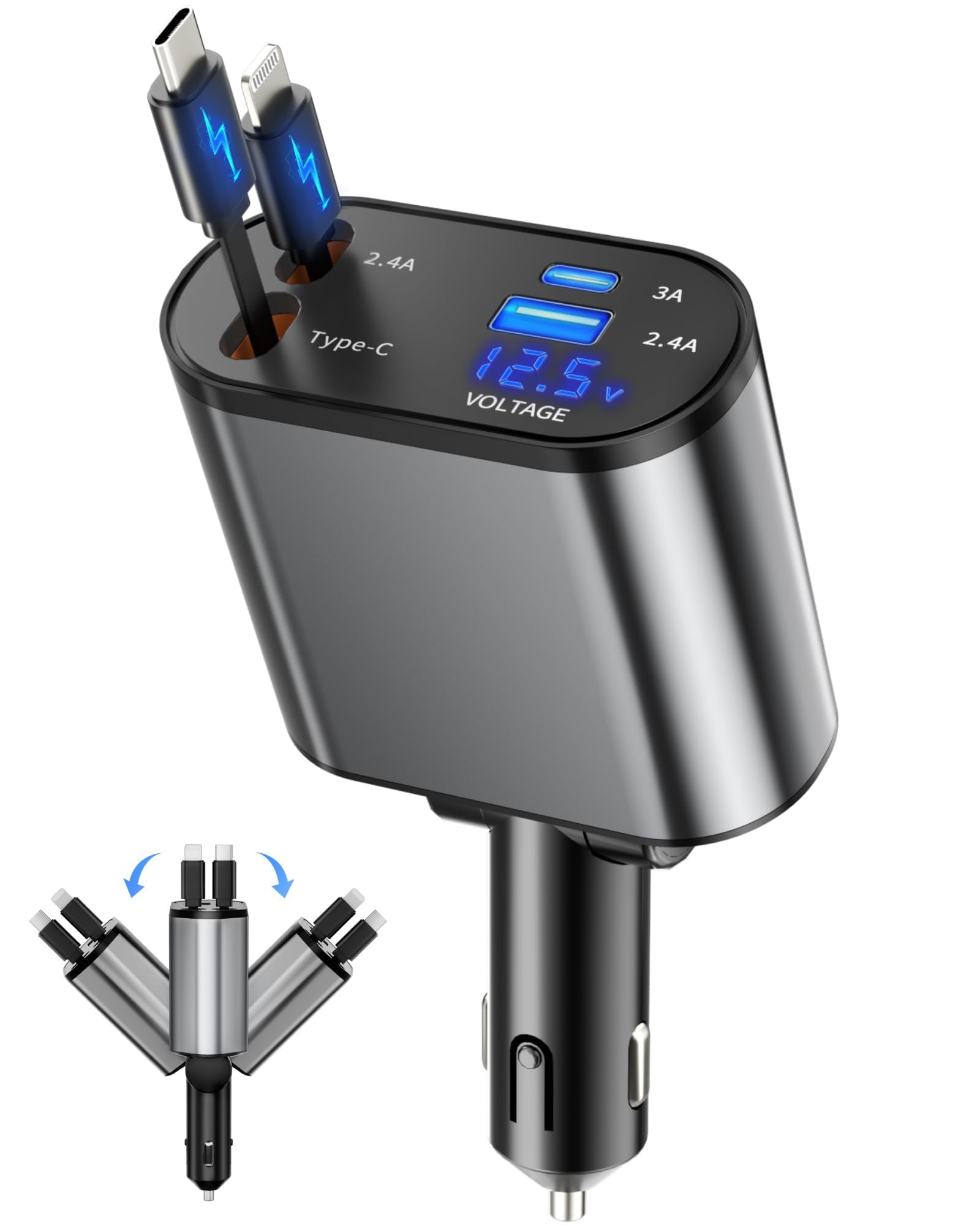 Retractable Car Charger, 4 in 1 Fast Charging Car Charger USB-C & USB-A Compatible with iPhone 16/15/14/13/12/11,Galaxy,Pixel