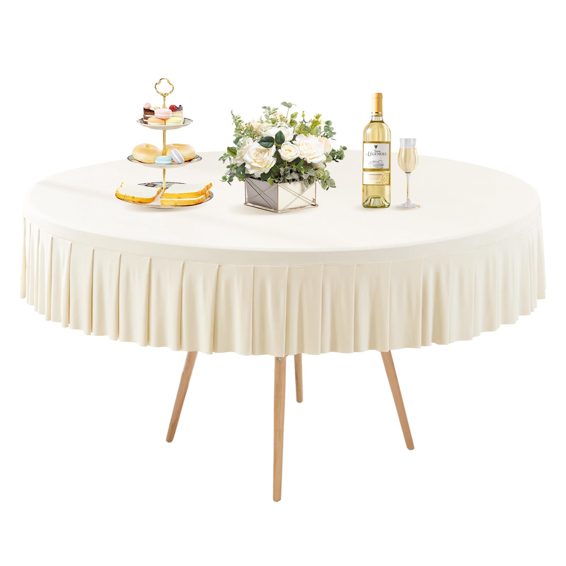 Photo 1 of 1 Pack Ivory Spandex Round Tablecloths for 72in Table, Stretchy Fitted 6FT Round Table Cloths, Wrinkle Free Table Cover with Skirt for Wedding Birthday Party Bridal Shower Banquet