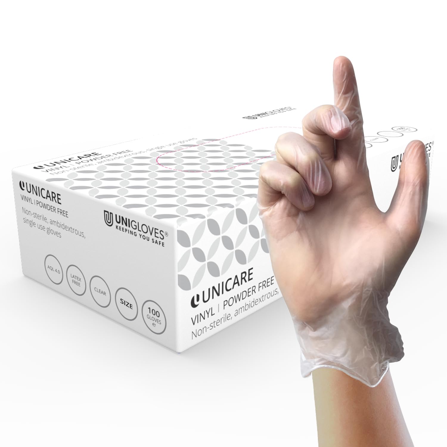 UNIGLOVES Unicare Vinyl Multipurpose Disposable Gloves, Powder Free, Latex Free, Medium Weight, Box of 100 Gloves, Clear, Size Medium (GS0063)