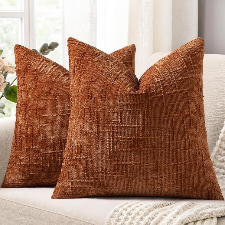 Photo 1 of decorUhome Fall Rust Chenille Throw Pillow Covers 18x18 Set of 2 Thick Textured Slubby Couch Pillow Covers Farmhouse Accent Modern Neutral Decorative Pillow Cases for Bed Sofa Living Room